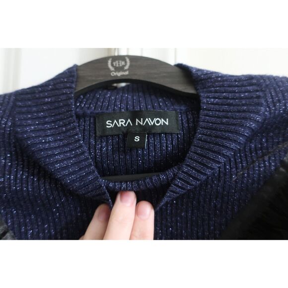 Navy Shimmer Ribbed Knit Sweater Feather Fringe Women Small Pristine Condition - Picture 3 of 7